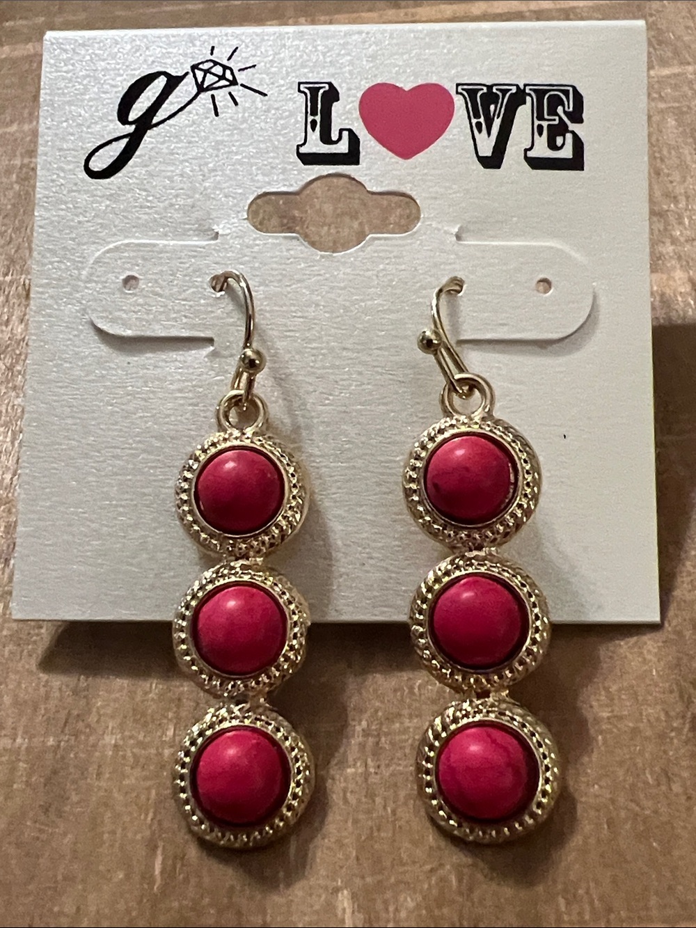 3/$18 g Love Gold-Tone Triple Drop Earrings with Hot Pink Stones Lot 748